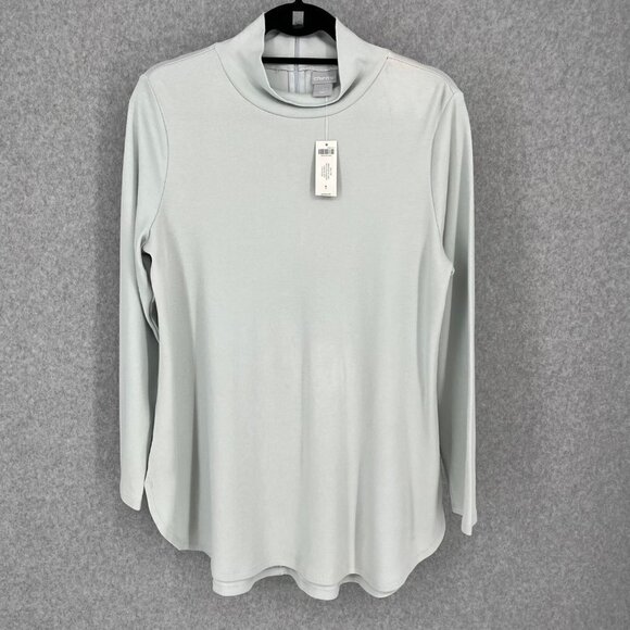 Chicos Mock Neck Tunic Knit Top Size M Coastal Mist Blue Gray Minimal Office NEW - Picture 1 of 12